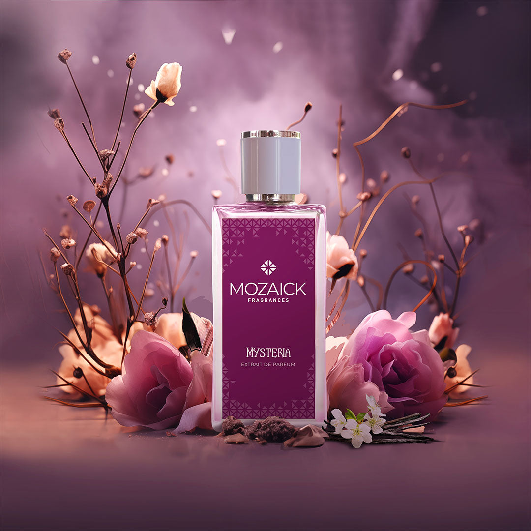 MYSTERIA Extrait de Parfum 50 ml by MOZAICK – bottle with pink roses and branches on a violet background